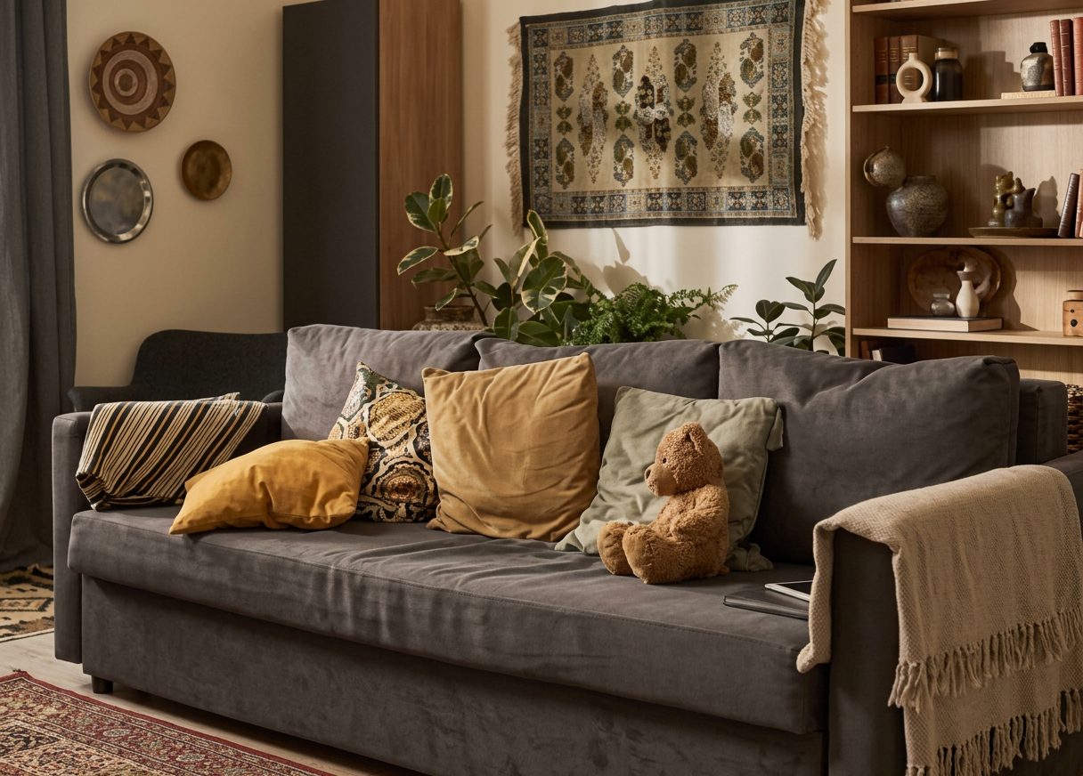 Warm living room with sofa and soft furnishings